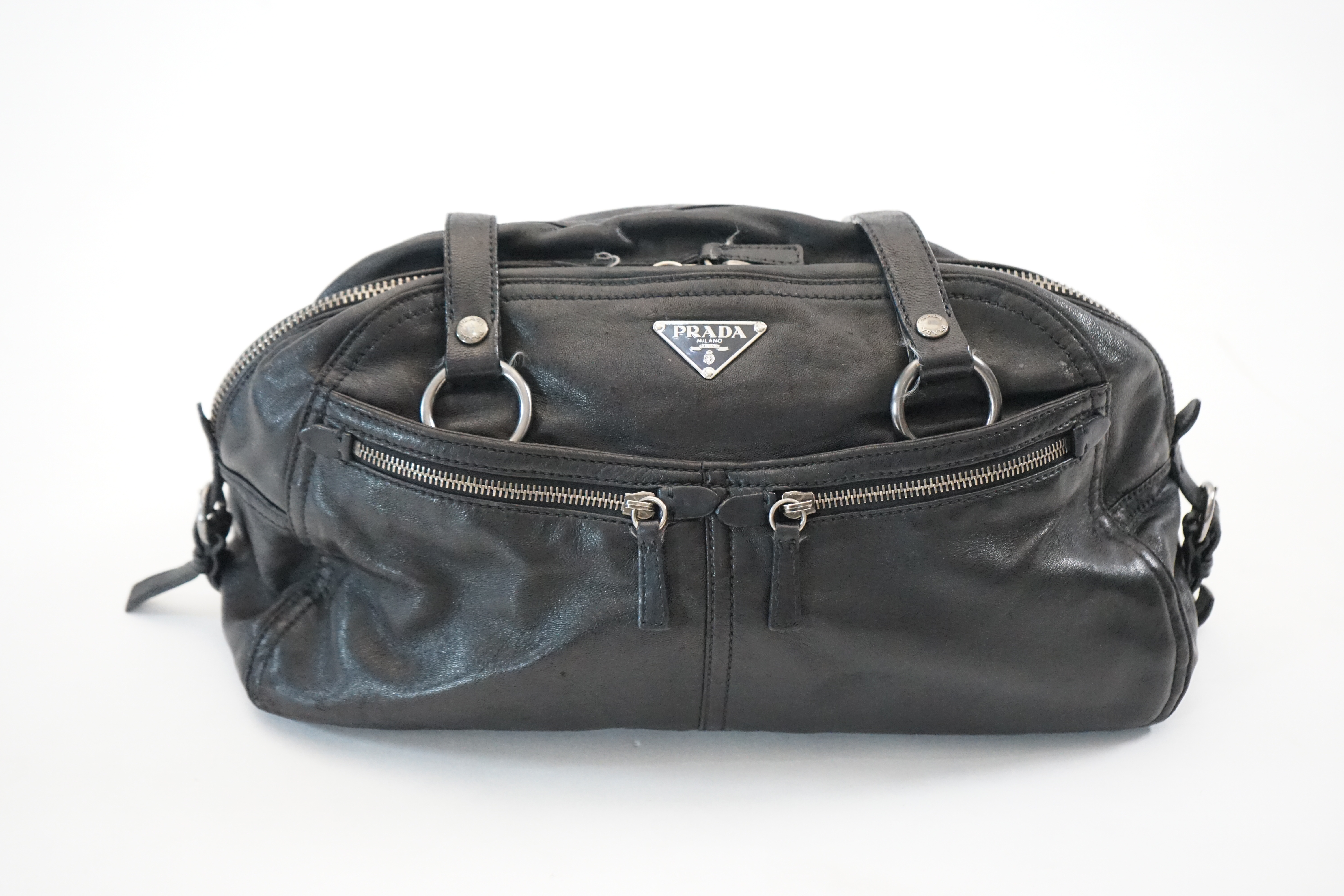 A Prada Cargo black leather handbag, width 38cm, depth 12cm, height approx 22cm